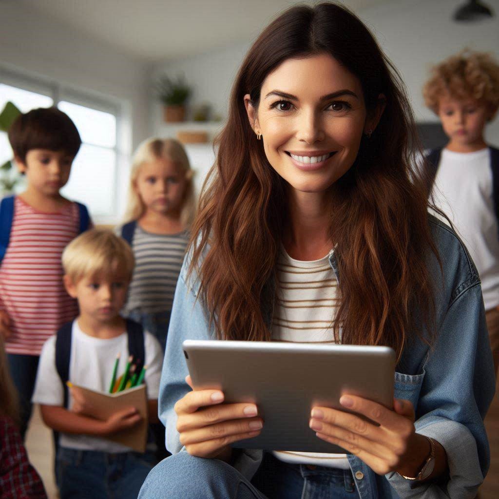 A smiling early childhood teacher holding a tablet with out of focus children in the background