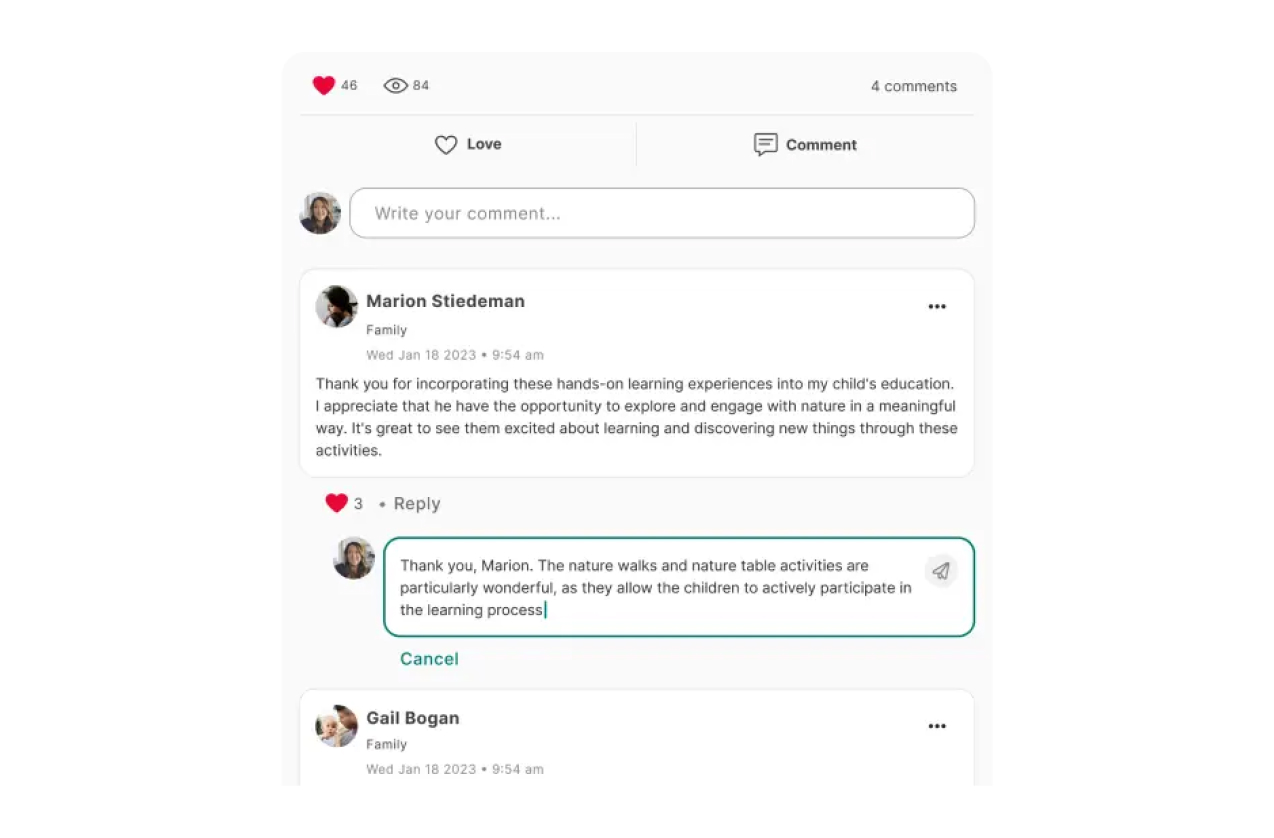 Screenshot of Playground Posts demonstrating how families can like and reply to Posts.