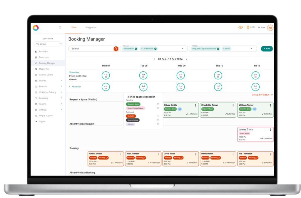 UI image of the ECE Booking manager dashboard in Xplor Education's Office platform.