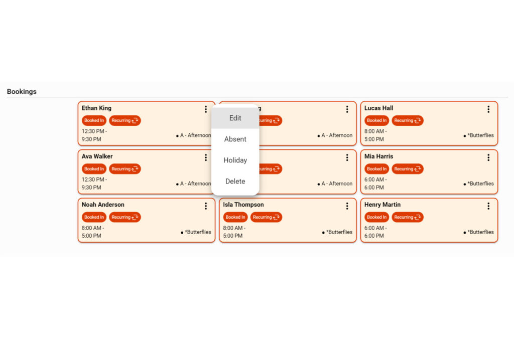 UI image of the ECE booking management options available to users of Xplor Education's Office platform